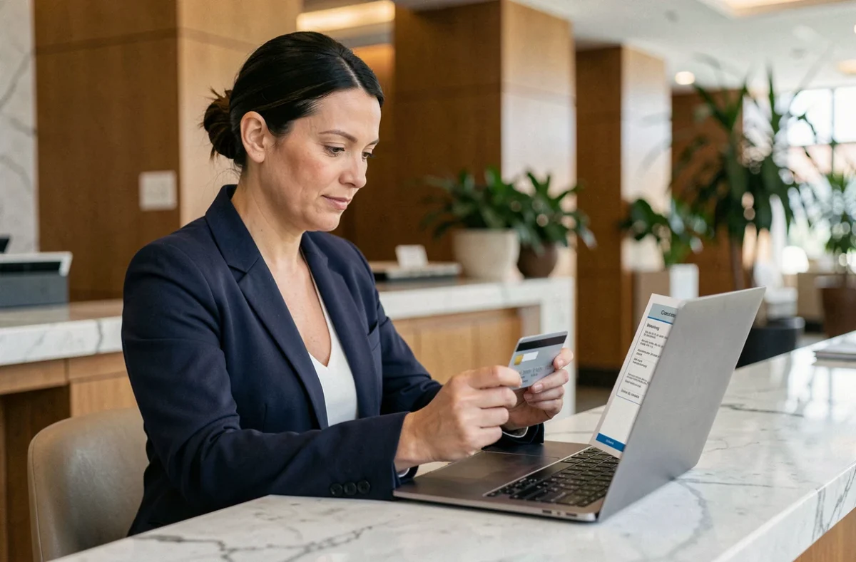 Réceptionniste d'hôtel vérifiant un paiement sécurisé Book and Pay sur un ordinateur portable à la réception