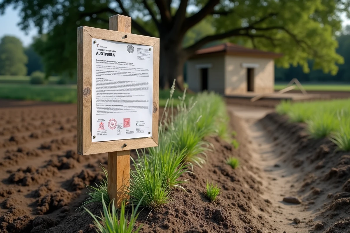 Panneau d'autorisation d'urbanisme opérationnel planté en bordure d'un terrain agricole en zone rurale