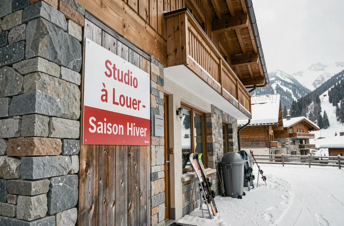 Panneau de location saisonnière studio hiver affiché sur la façade d'un chalet aux Menuires en montagne