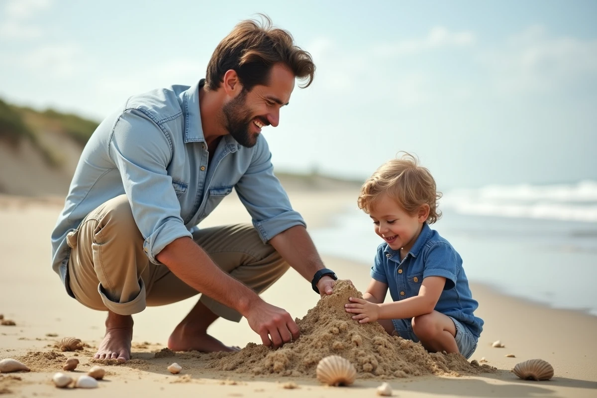 Père et enfant construisent un château de sable