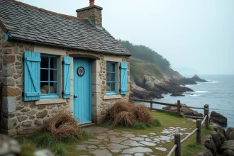 Petite maison de pêcheur en pierre sur le littoral breton avec volets bleus et filets de pêche, à vendre en bord de mer