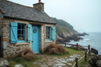 Petite maison de pêcheur en pierre sur le littoral breton avec volets bleus et filets de pêche, à vendre en bord de mer
