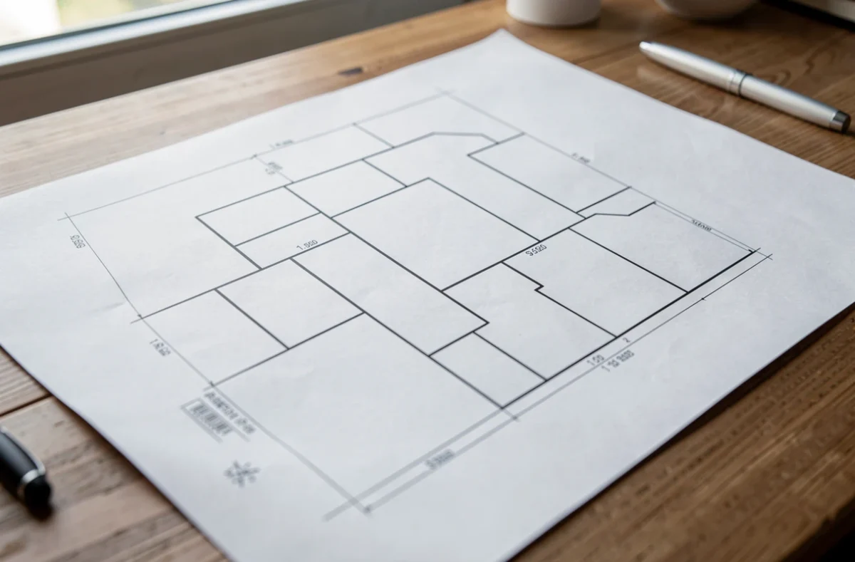 Plan cadastral papier posé sur un bureau en bois