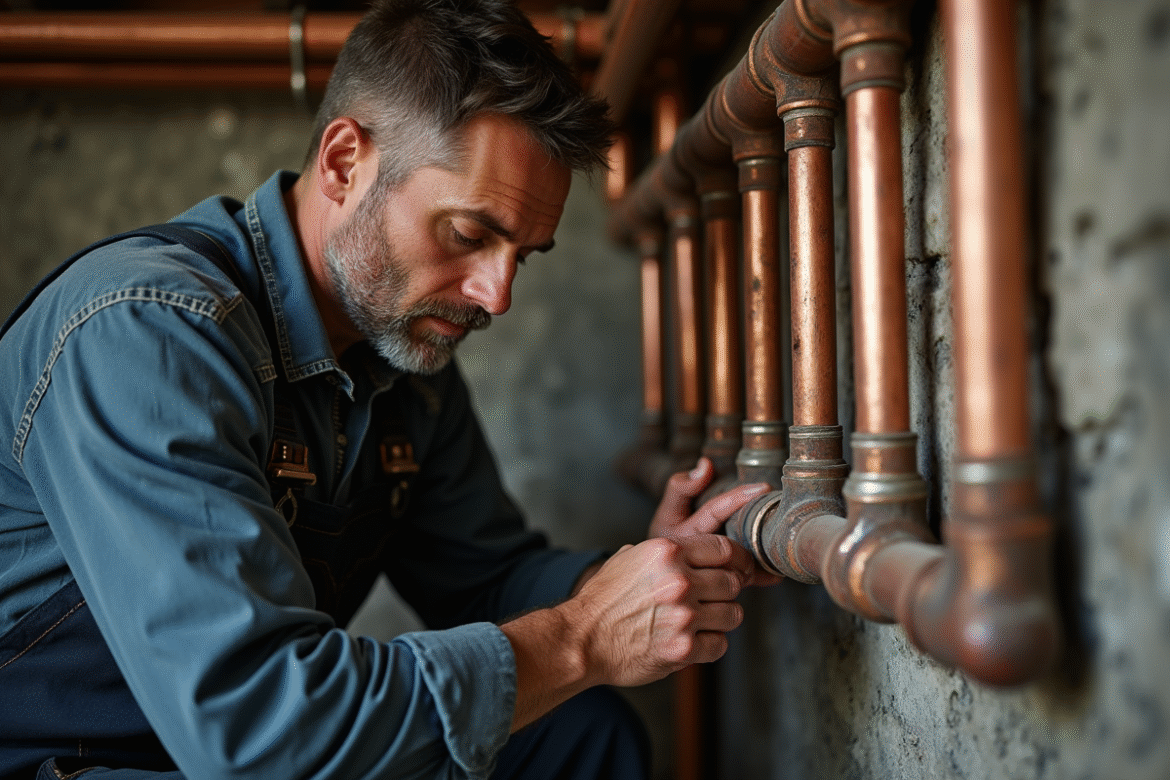 Plombier inspectant un réseau de tuyaux en cuivre dans une cave