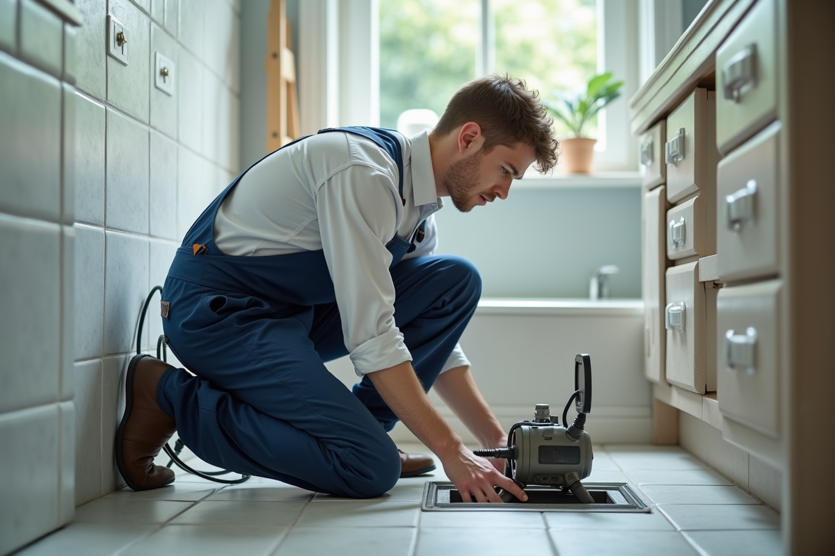 Plombier utilise un detecteur de fuite dans une salle de bain