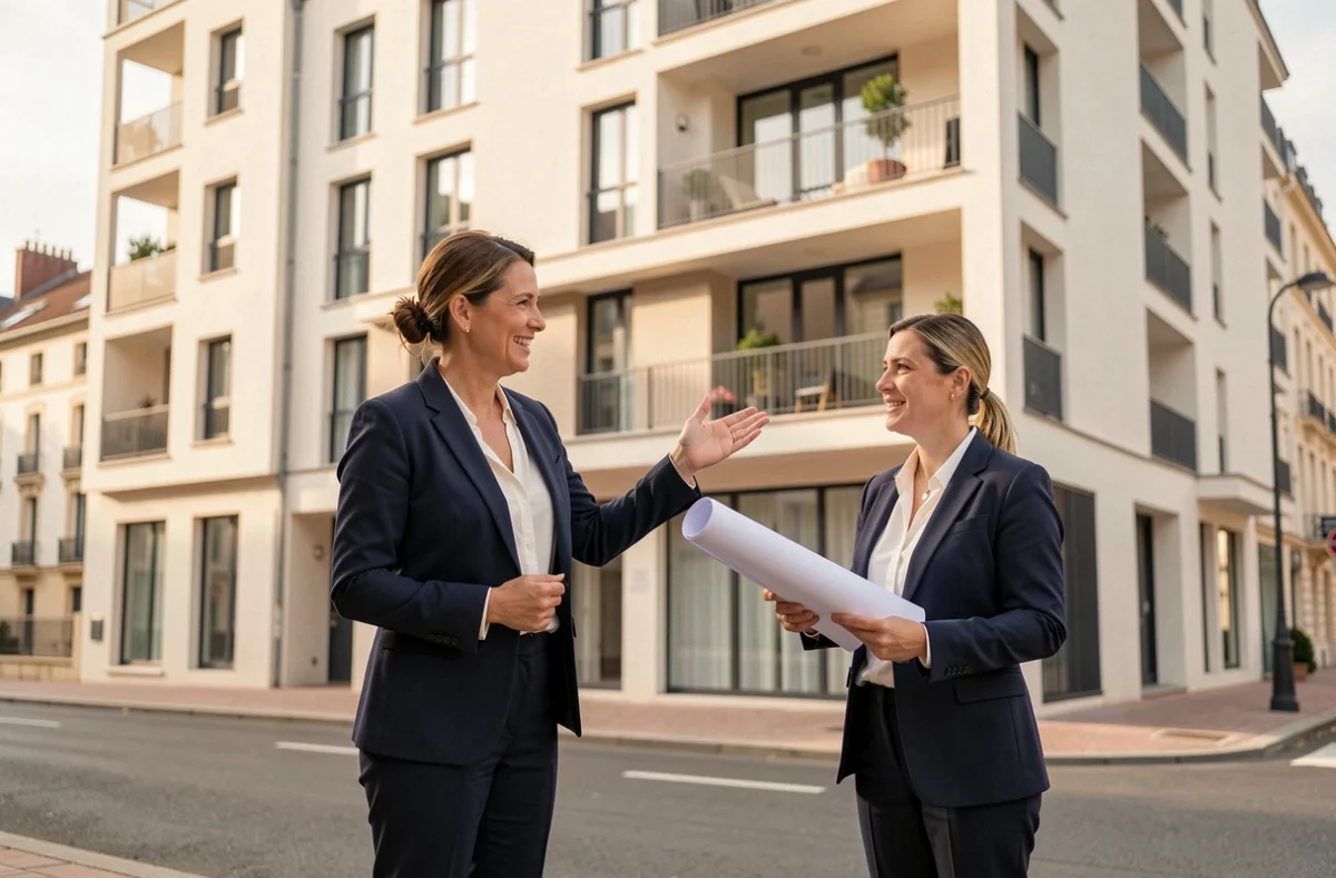 Promotrice immobilière devant un immeuble neuf de Prim'Arte à Ivry-sur-Seine