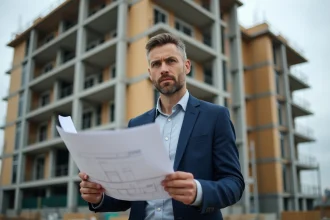 Promoteur immobilier professionnel devant un chantier de construction résidentielle moderne, tenant des plans architecturaux