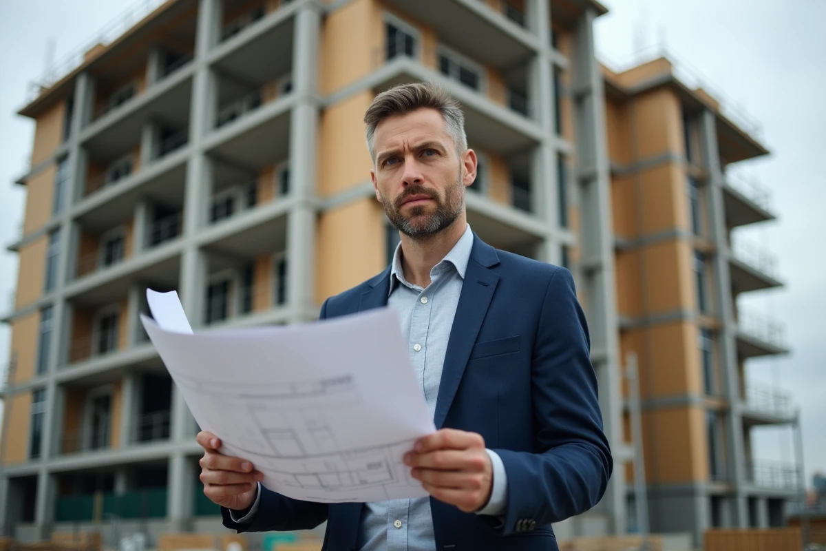 Promoteur immobilier professionnel devant un chantier de construction résidentielle moderne, tenant des plans architecturaux