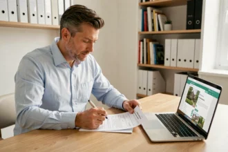 Propriétaire non-occupant consultant son attestation d'assurance PNO à son bureau à domicile