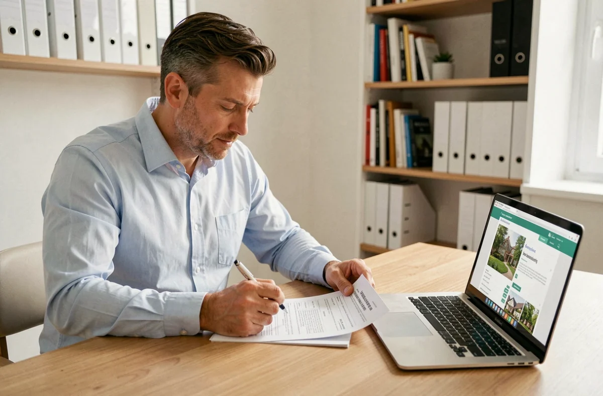 Propriétaire non-occupant consultant son attestation d'assurance PNO à son bureau à domicile