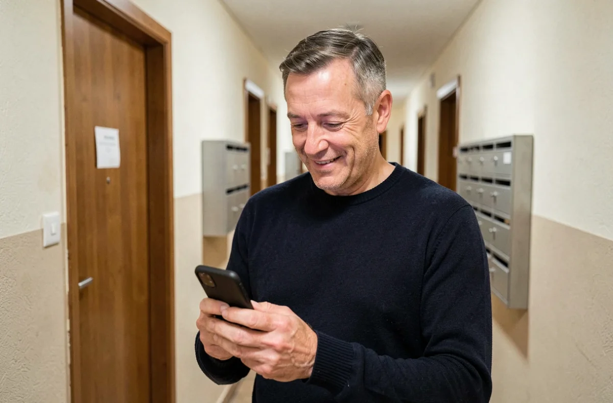 Propriétaire bailleur consultant son téléphone dans le couloir de son immeuble locatif après réception de son attestation PNO