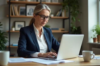 Propriétaire femme consultant une estimation immobilière en ligne sur son ordinateur portable dans un bureau à domicile moderne