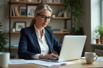 Propriétaire femme consultant une estimation immobilière en ligne sur son ordinateur portable dans un bureau à domicile moderne
