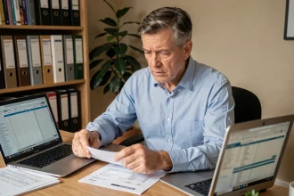 Propriétaire d'une location meublée examinant des documents fiscaux liés à la taxe d'habitation sur son bureau à domicile