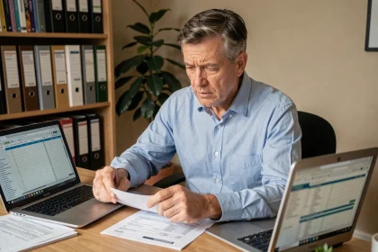 Propriétaire d'une location meublée examinant des documents fiscaux liés à la taxe d'habitation sur son bureau à domicile