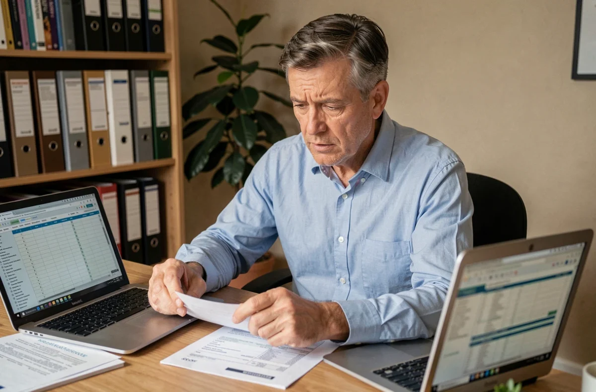 Propriétaire d'une location meublée examinant des documents fiscaux liés à la taxe d'habitation sur son bureau à domicile