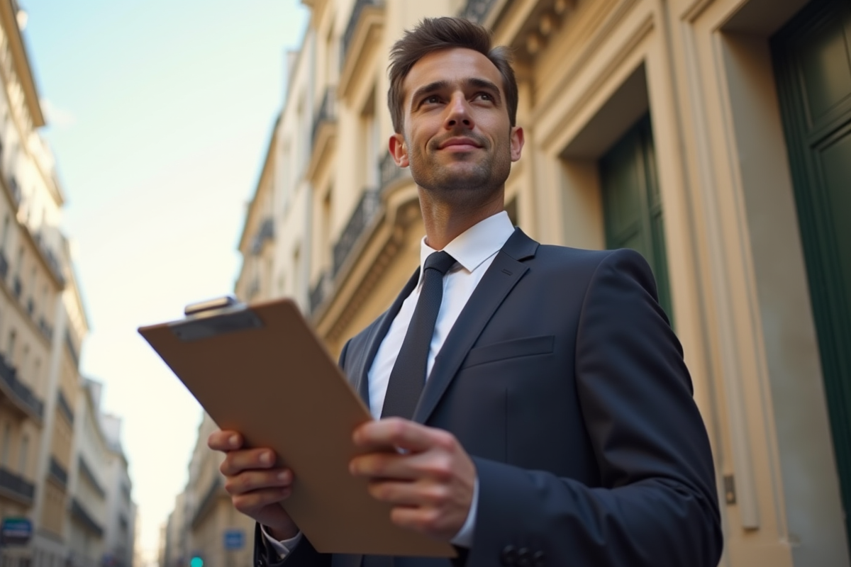 Propriétaire français avec un clipboard devant un immeuble parisien