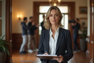 Propriétaire présentant son domicile à une équipe de tournage professionnelle pour une location de maison