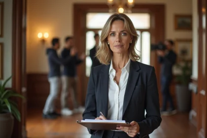 Propriétaire présentant son domicile à une équipe de tournage professionnelle pour une location de maison