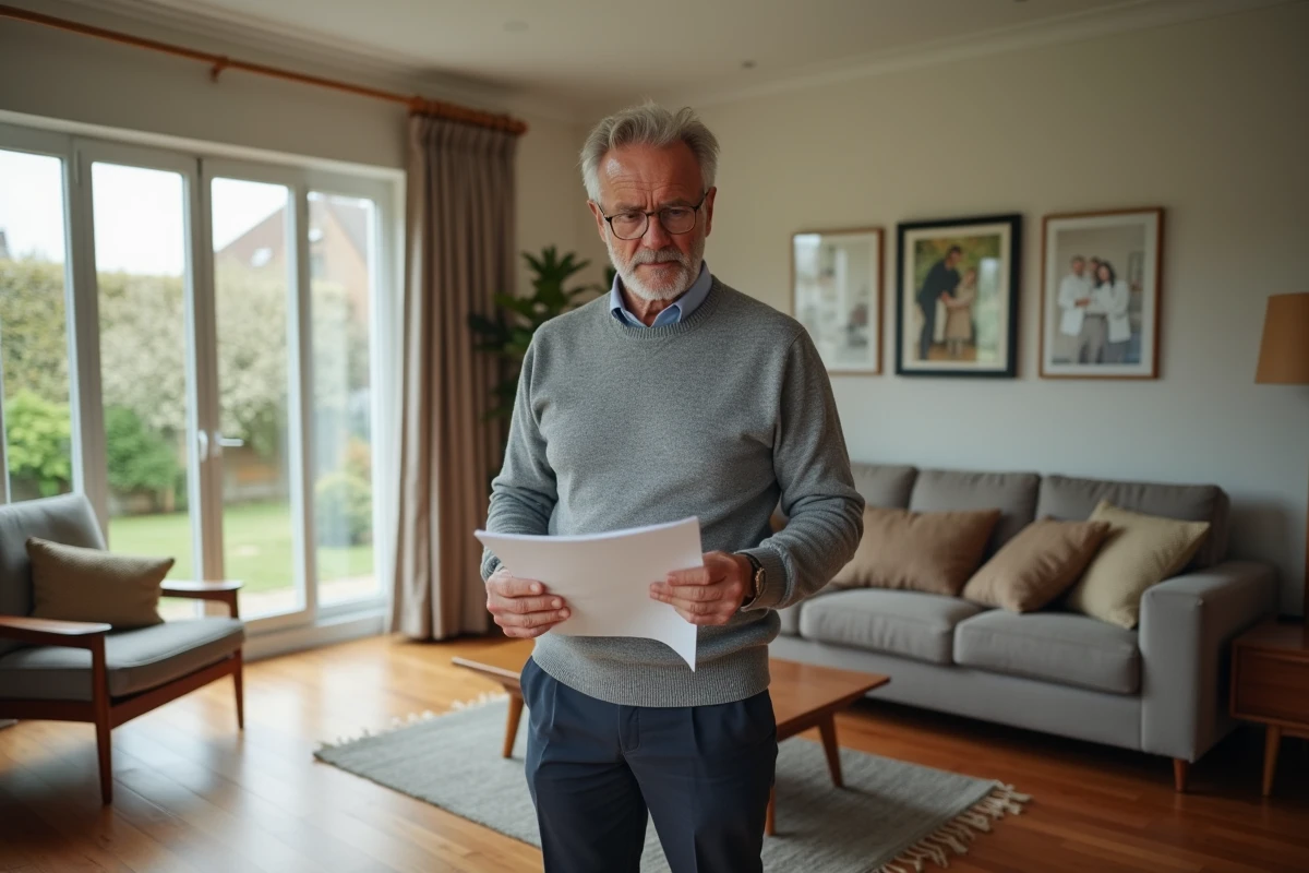 Propriétaire masculin tenant un rapport d'estimation immobilière dans le salon de sa maison pavillonnaire