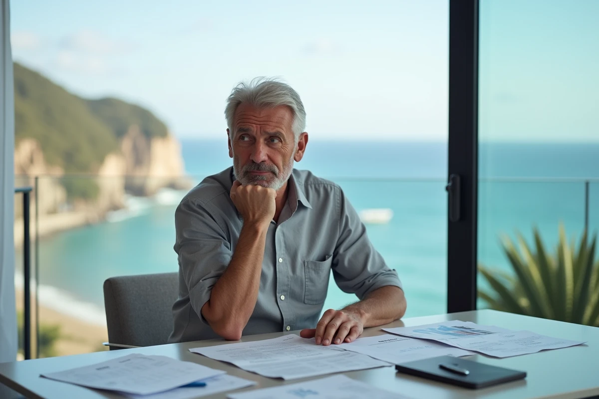 Propriétaire vendeur analysant des documents d'estimation immobilière dans un appartement avec vue sur la mer
