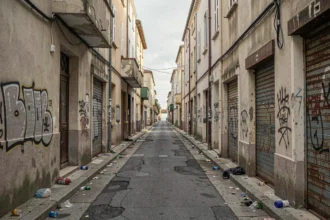 Ruelle dégradée à Fréjus avec bâtiments vétustes et graffitis, signaux visuels d'un quartier à éviter