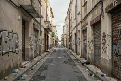 Ruelle dégradée à Fréjus avec bâtiments vétustes et graffitis, signaux visuels d'un quartier à éviter