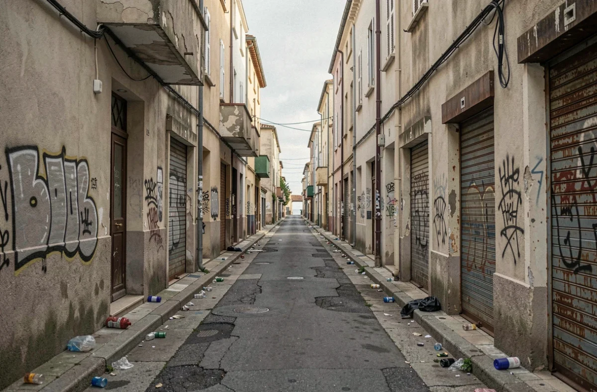 Ruelle dégradée à Fréjus avec bâtiments vétustes et graffitis, signaux visuels d'un quartier à éviter