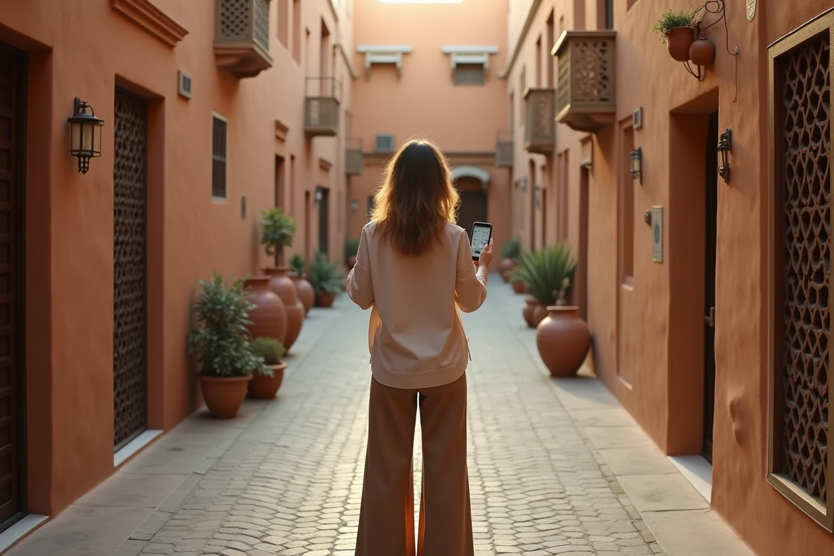 Voyageuse consultant son téléphone dans les ruelles historiques du quartier Al Fahidi à Dubaï
