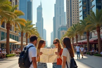 Touristes consultant une carte dans le quartier Downtown Dubai entourés de gratte-ciels et de palmiers