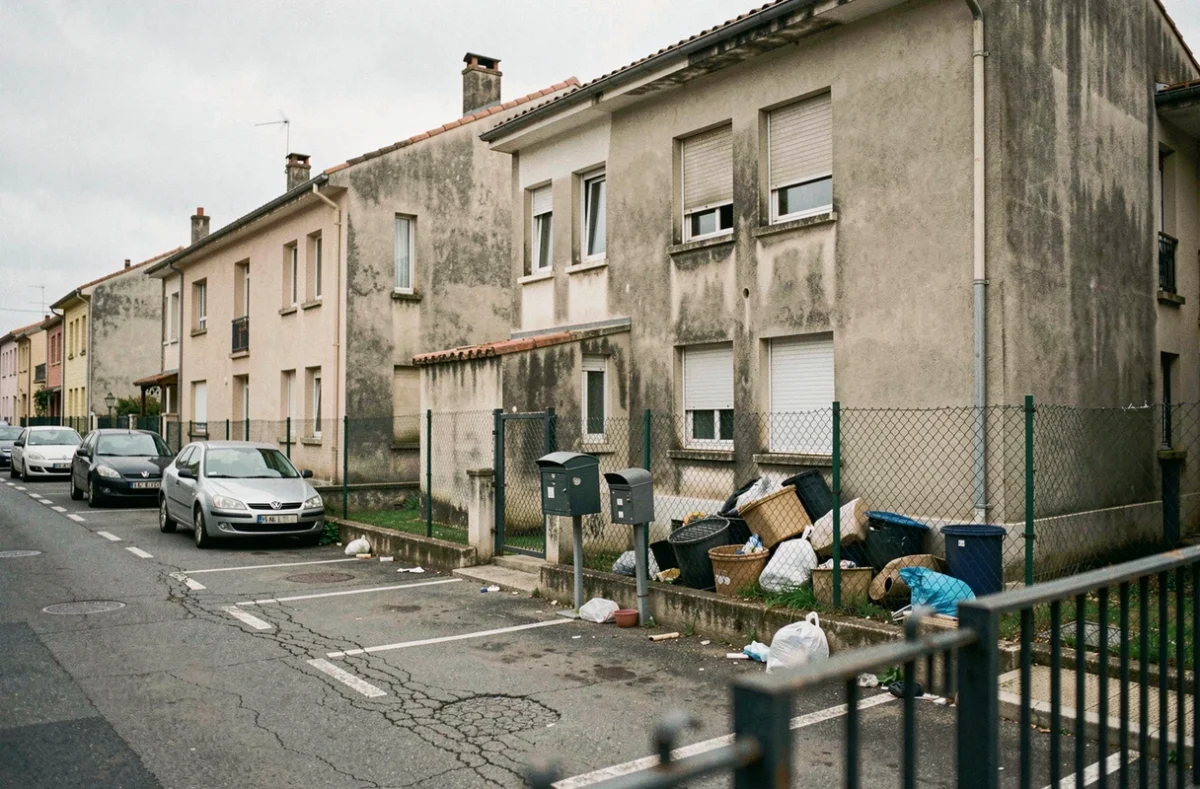 Immeuble HLM dégradé dans un quartier de Fréjus avec encombrants abandonnés et façades tachées, indicateurs d'un secteur à surveiller