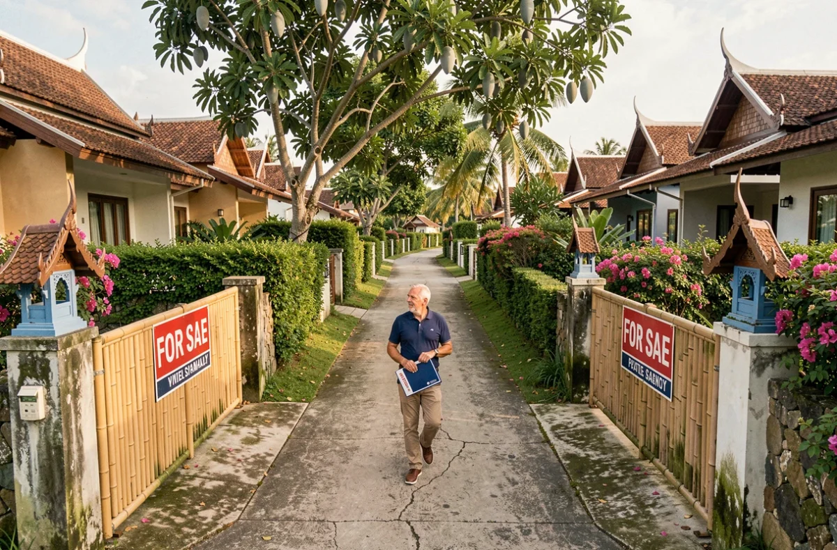 Quartier résidentiel calme de Koh Samui avec villas à vendre, ruelle bordée de végétation tropicale et maisons contemporaines
