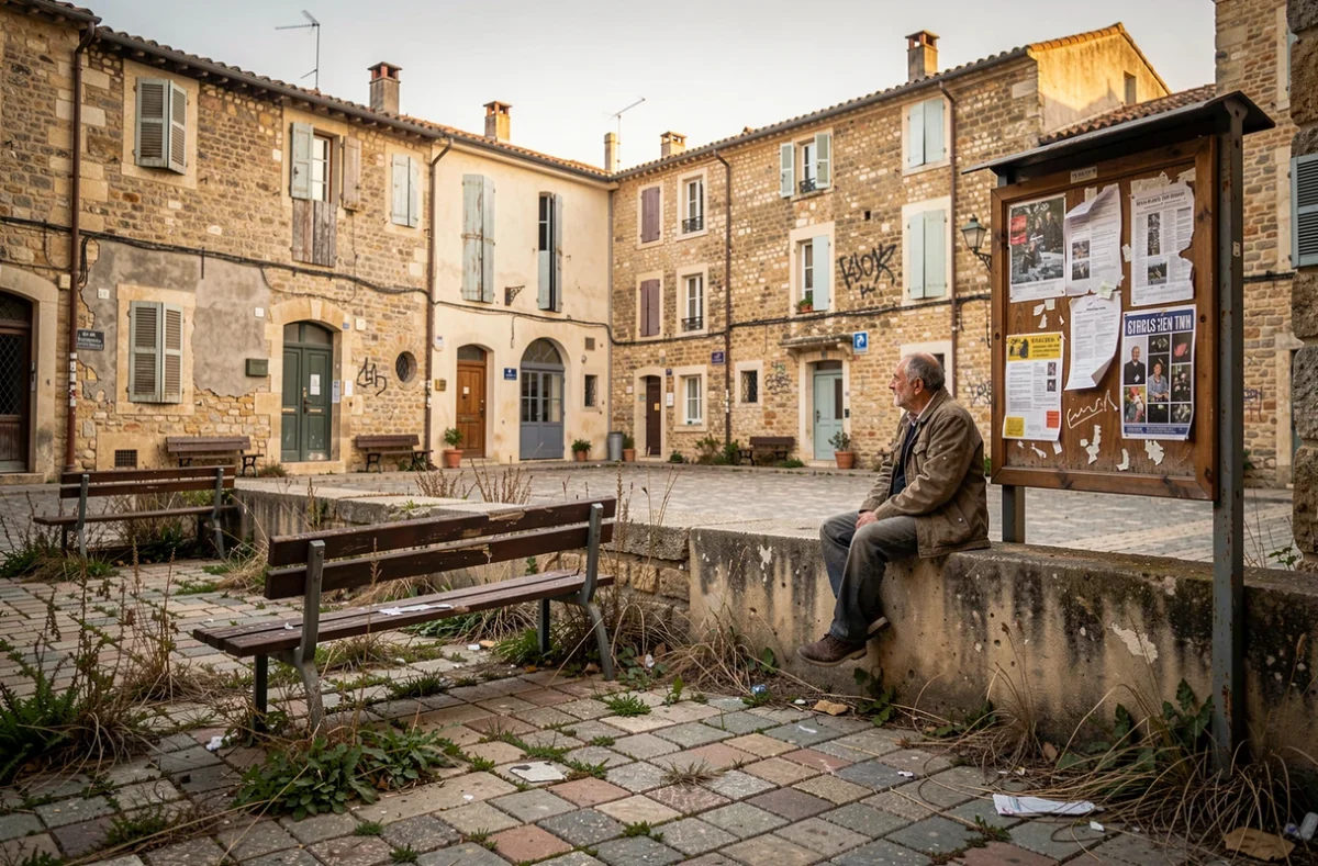 Place publique délabrée dans un quartier sensible de Fréjus avec mobilier urbain vandalisé et végétation envahissante