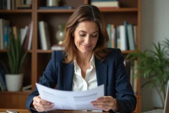 Femme en reconversion professionnelle agent immobilier SAFTI étudiant des documents dans un bureau à domicile