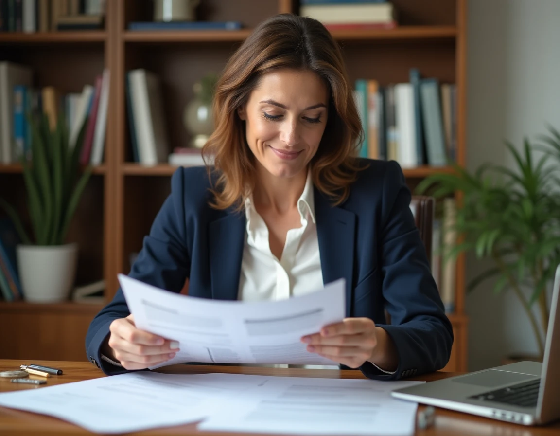 Femme en reconversion professionnelle agent immobilier SAFTI étudiant des documents dans un bureau à domicile
