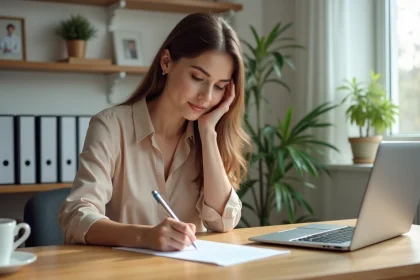 Femme rédigeant une lettre de préavis de départ anticipé d'appartement à son bureau à domicile