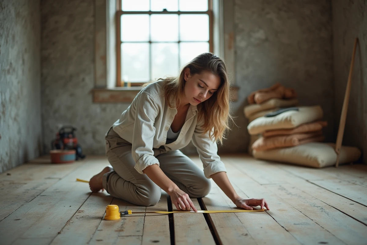 Jeune femme mesure des planches dans une pièce en rénovation