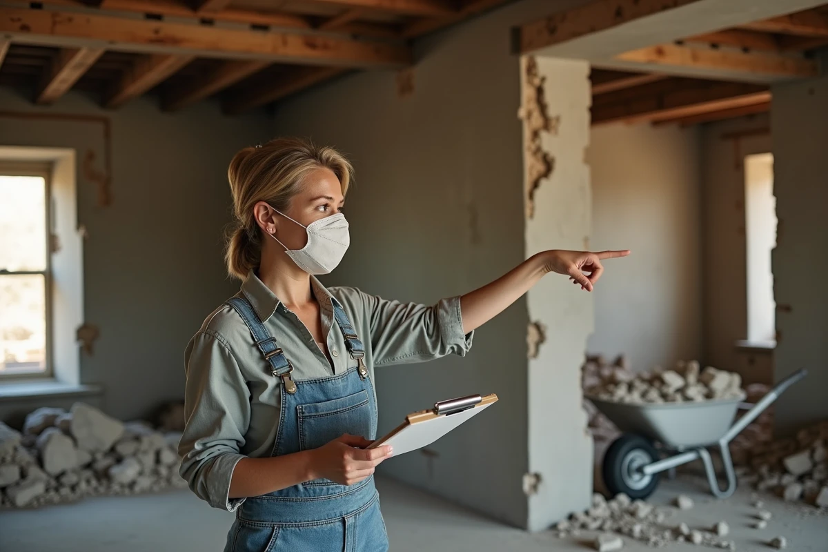 Femme architecte ou maître d'œuvre dans l'intérieur en cours de rénovation d'une maison en mâchefer