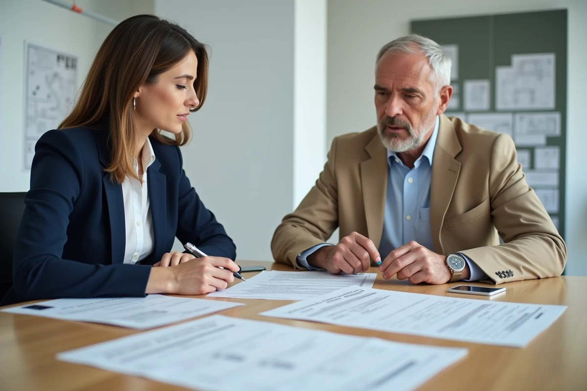 Deux professionnels de l'immobilier commercial étudiant un bail et les documents de conformité accessibilité ERP sur une table de réunion