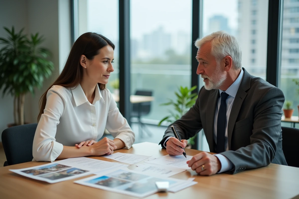 Réunion entre un client et un conseiller immobilier dans une agence moderne pour choisir le bon promoteur