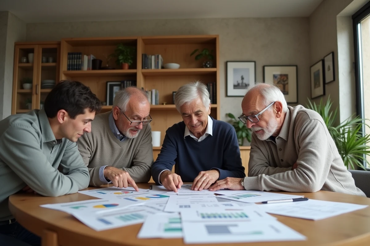 Famille française discutant des statuts et implications juridiques d'une SCI familiale autour d'une table