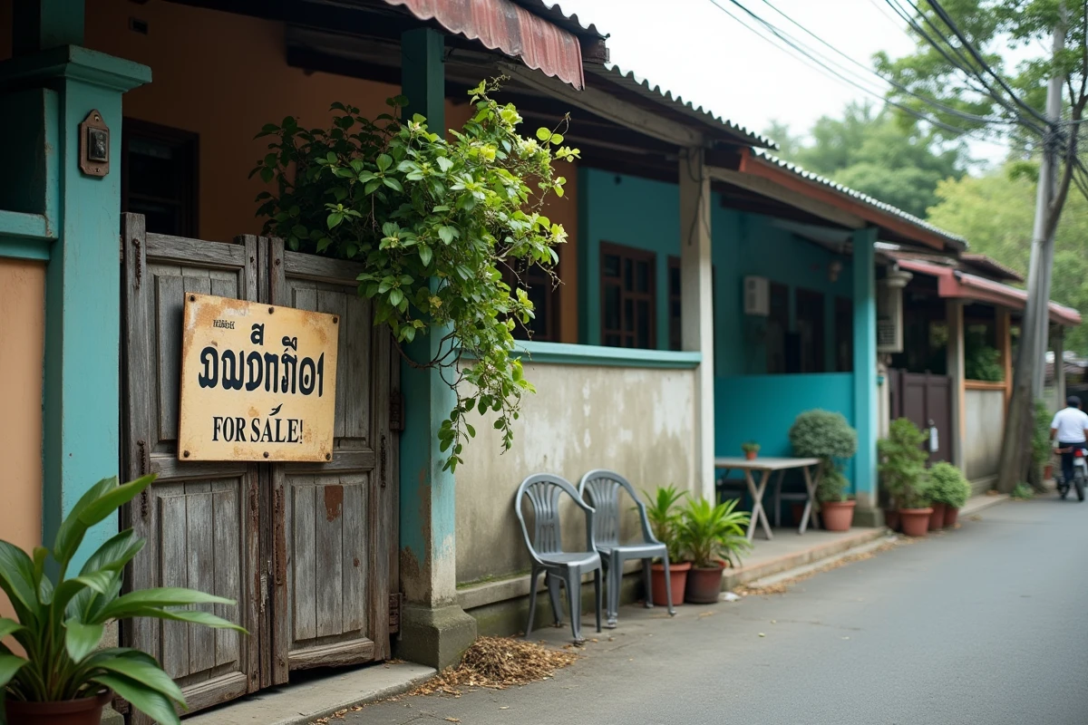 Rue résidentielle d'une petite ville thaïlandaise avec maisons en béton à vendre affichant des panneaux immobiliers en script thaï
