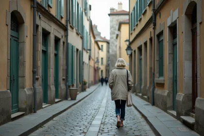 Ruelle pavée calme dans le quartier historique intra-muros de Saint-Malo avec maisons en granit et volets en bois