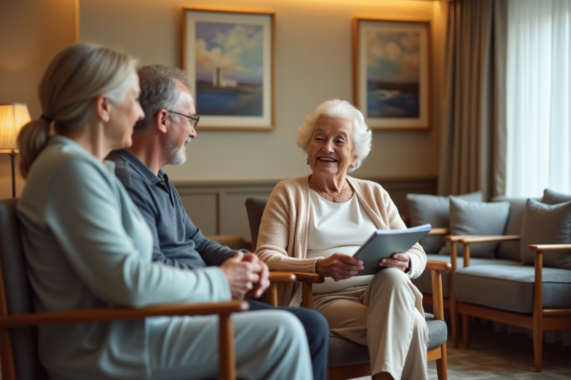 Femme senior souriante avec ses enfants dans un salon chaleureux