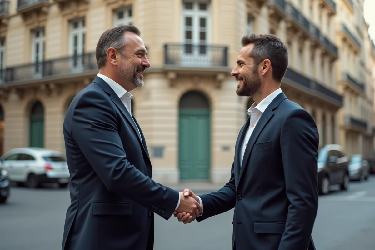 Agent immobilier serrant la main d un client devant un immeuble lyonnais