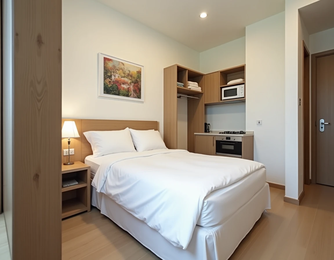 Studio meublé prêt à la location avec les éléments obligatoires : lit, bureau, penderie et kitchenette équipée