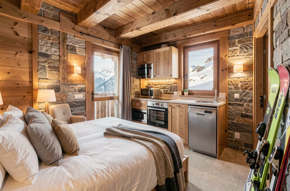 Intérieur d'un studio de ski bien aménagé aux Menuires avec décoration chalet alpine et vue montagne enneigée