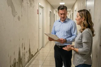 Syndic de copropriété discutant d'une recherche de fuite avec une résidente dans le couloir d'un immeuble
