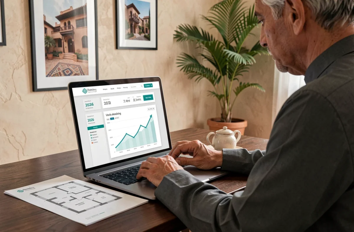 Analyse des tendances de prix immobiliers à Marrakech en 2026 sur un ordinateur portable dans un bureau d'agence immobilière marocaine