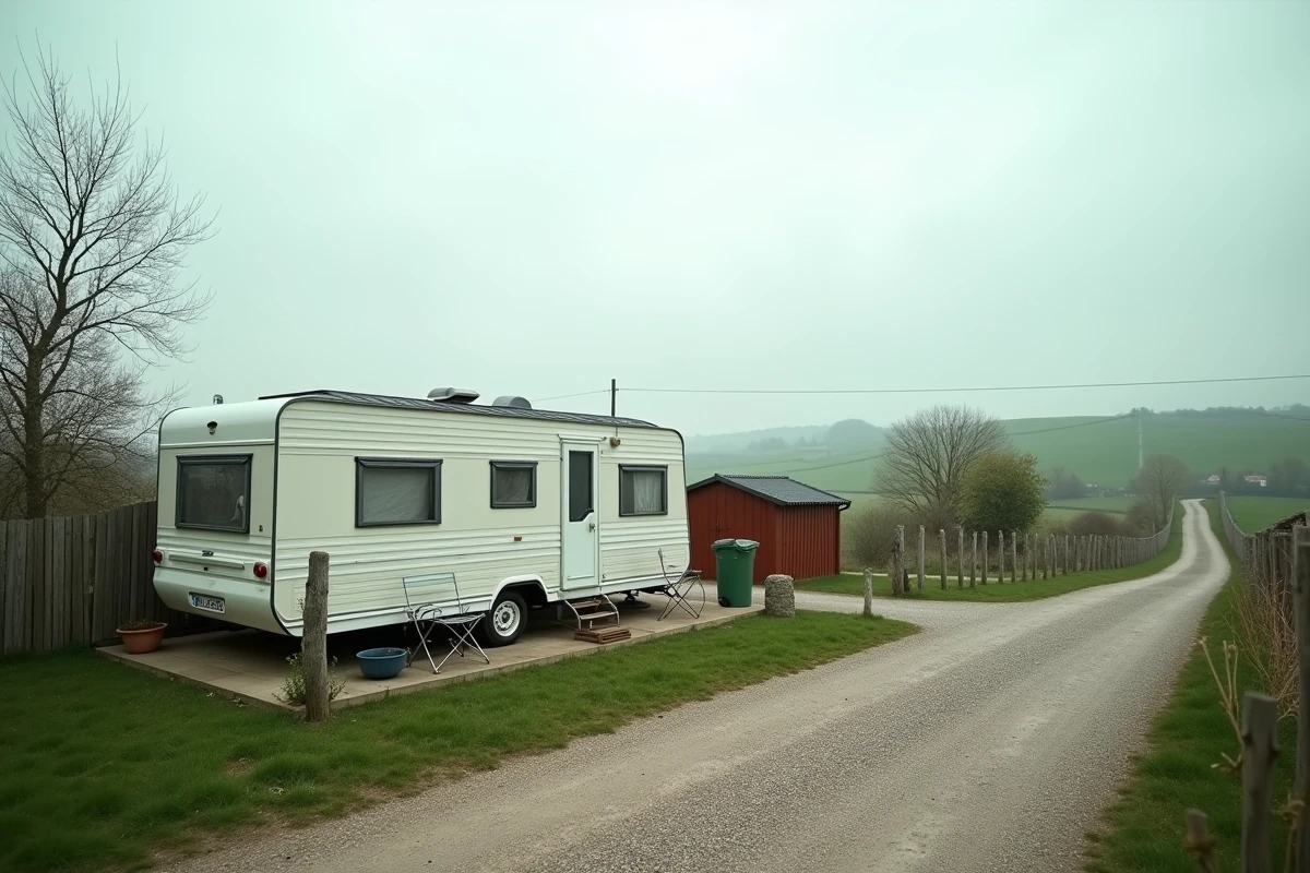 Vue d'ensemble d'un terrain loué à l'année avec une caravane résidentielle installée en zone rurale française